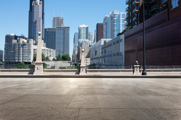 empty street through moder city in chicago