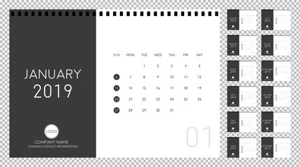 Minimalist calendar design for 2019. Editable, simple, clean and minimal design.