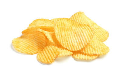 Tasty ridged potato chips on white background