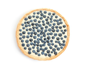 Tasty blueberry cake on white background, top view
