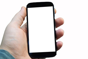 mobile phone in hand on a white background, place for advertisement, lettering
