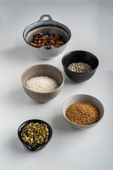 Bowls with healthy baking ingredients 
