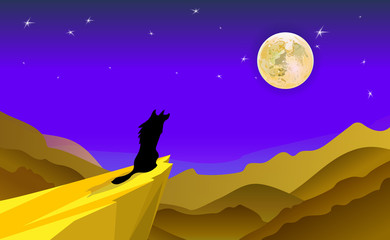 Cartoon background Illustration Featuring the Silhouette of a Howling Wolf. Desert landscape of mountains and dunes. Vector moonlight