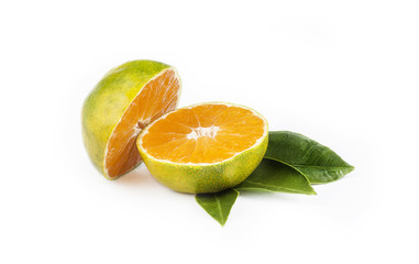 green sweet isolated mandarin clementine tangerine on white background with leaf