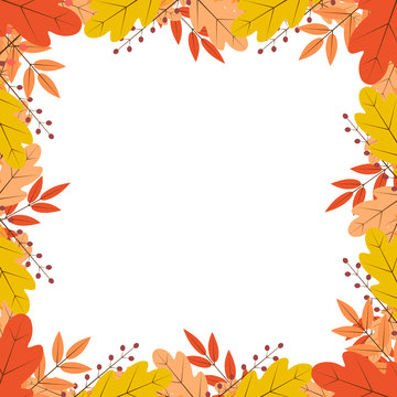 Border Of Colorful Autumn Leaves And Berries. Fall Theme Vector Illustration. Thanksgiving Day Greeting Card Or Invitation.