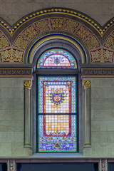 Stained glass window inside the House of Assembly in the New York State Capitol in Albany