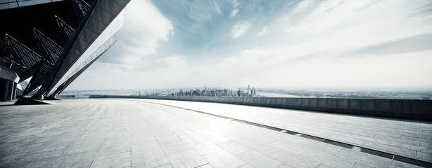Foto op Plexiglas lege vloer met modern stadsbeeld in new york © zhu difeng