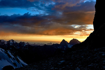 Colorful sky sunset in mountains silhouette, Fann, Pamir Alay, Tajikistan