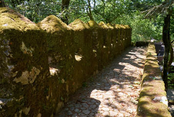 Curtain wall and defensive battlements of Castle of the Moors. Sintra. Portugal