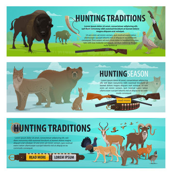 Hunting animals, birds and rifles