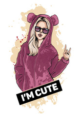 Beautiful young girl in cute pink suit with hood. Vector illustration with slogan.