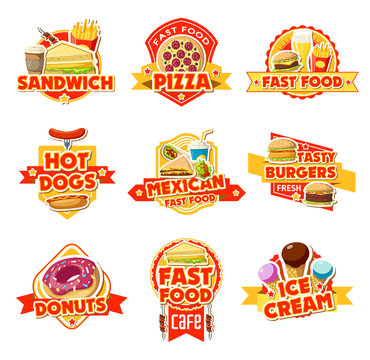 Fast food labels of burgers, drinks and dessert