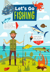 Fishing sport poster, fish and fisherman