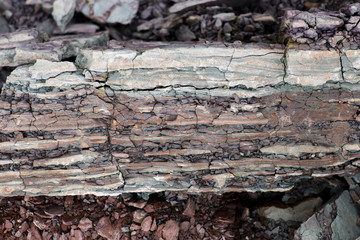 Soil cut-sandstone, stones, clay, sand structure and layers. slice of sand with layers of different structures.