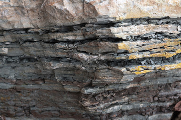 Soil cut-sandstone, stones, clay, sand structure and layers. slice of sand with layers of different structures.