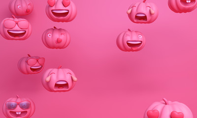 Cute smiling love bubble shape cartoon of pink pastel pumpkin head jack and winking face with tongue emoji, copy space text. Design creative concept for happy Halloween day festival, 3D rendering.