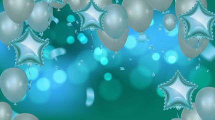 Balloons Vector Illustration. Isolated on white background transparent realistic hanging sparkling serpentine and star shaped confetti