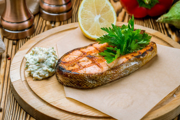 Salmon steak on the grill