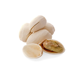 Pistachio nuts, fruits isolated on white background