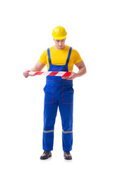 Funny worker wearing coveralls with tape