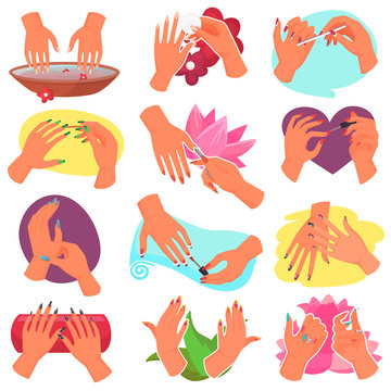 Manicure vector manicured hands and manicuring fingernails with nail file by manicurist in nail bar illustration set of beautiful mani with polish isolated on white background
