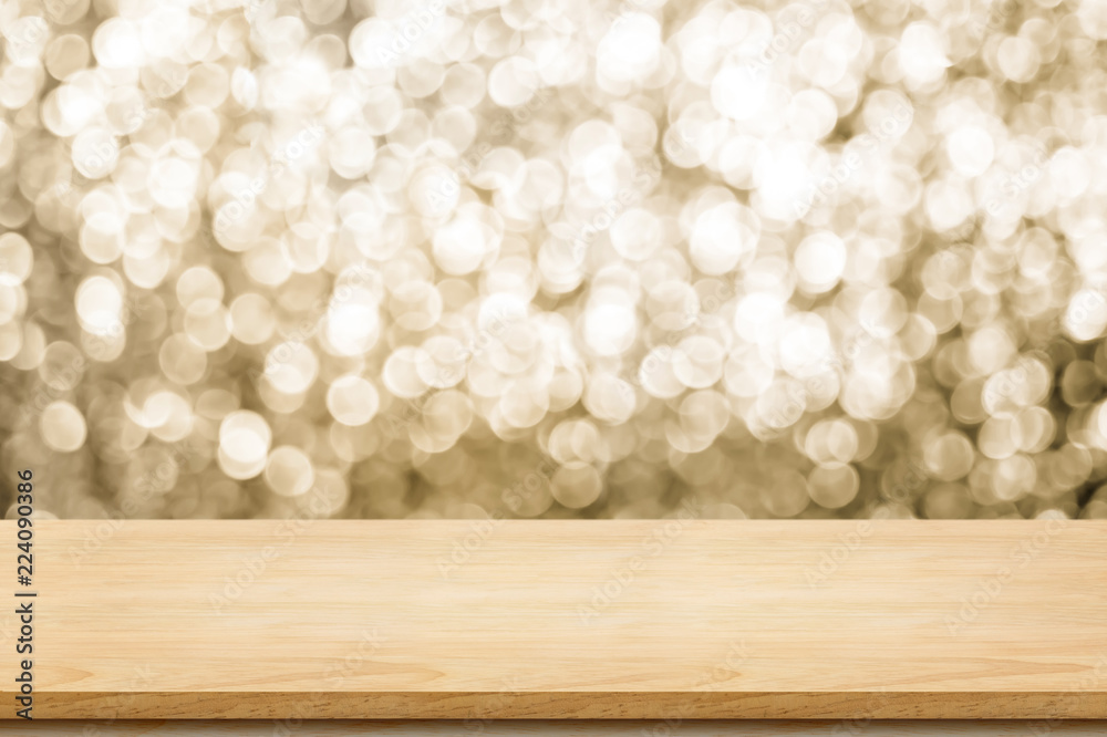 Aufkleber Empty old rustic wood table top with blur sparkling gold bokeh abstract background,panoramic banner for display or montage of product,Holiday seasonal concept backdrop.