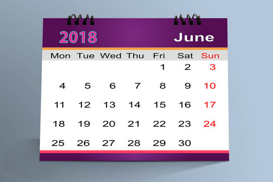 June 2018 desktop calendar isolated on colorful background . 3D illustration.