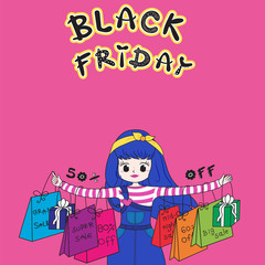 Young woman cartoon shopping on pink background.Sale,shopping,discount,happy lady and black friday holiday concept.For layout,art template,banner,poster,card web.Doodle typography.Hand drawn vector