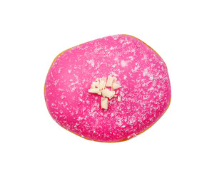 Top view fresh pink donut sugary isolated on white background