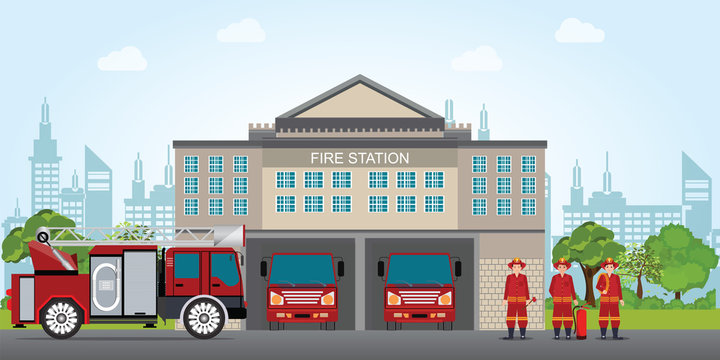 Fire station building with emergency vehicle fire engine truck .