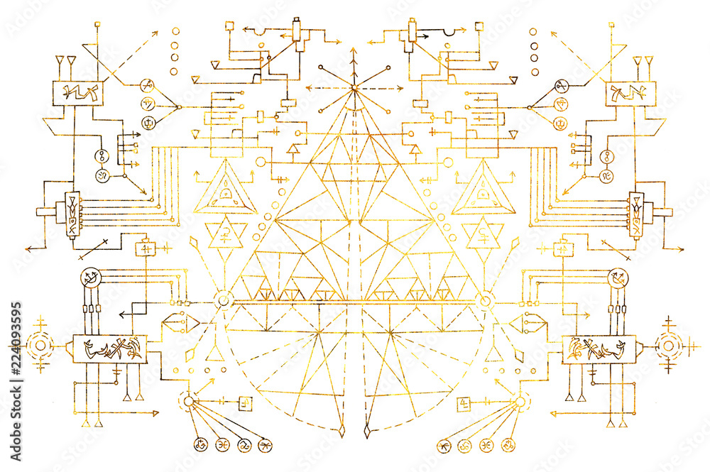 Wall mural geometric scheme with golden lines, figures, angles, triangles on white. esoteric, occult, new age a