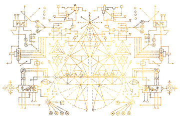 Geometric scheme with golden lines, figures, angles, triangles on white. Esoteric, occult, new age and wicca concept, fantasy pattern with mystic symbols and sacred geometry