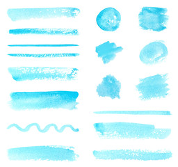 Set of Blue Watercolor Paint Strokes and Splashes. Isolated on White background - 224093599