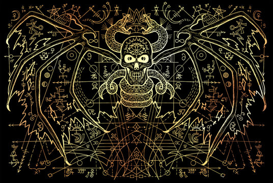 Winged demon and snake with mysterious symbols and geometric line on black. Esoteric, occult, new age and wicca concept, Halloween illustration with mystic symbols and sacred geometry