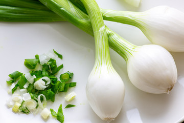 Three large Mexican onions which are green onions that have been allowed to grow bigger on a white...