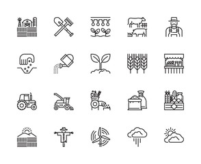 Farming, Agriculture, Land, Formal Garden, Agricultural machinery, Tool, Line Icons, Vector and Illustration