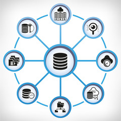 database and analytics icons in circle diagram on white background