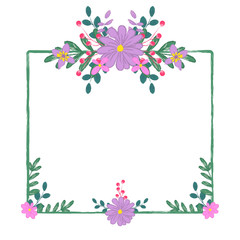 rectangle frame Purple flower bouquet in crayon graphic style