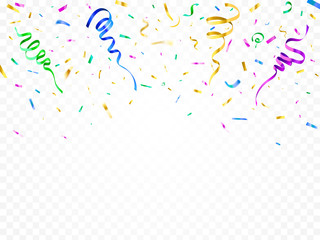 Isolated party decoration confetti. Celebrated streamer papers decorations. Many colorful foil paper streamers vector elements