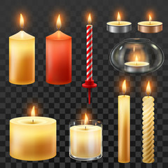 Candle fire. Wax candles for xmas party, romantic heat candlelight and flaming nightlight isolated vector symbol