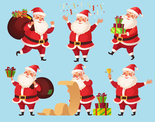 Christmas Santa cartoon character. Funny Santa Claus with Xmas presents, winter holiday characters vector illustration set