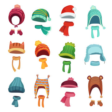 Winter Kids Hat. Warm Childrens Hats And Scarves. Headwear And Accessories For Boys And Girls Cartoon Vector Set