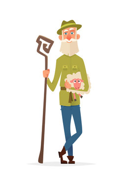 Oldery  farmer holds a lamb in his arms.  Character modern design