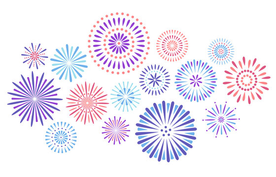 Festive fireworks. Celebration party firework, festival firecracker and colorful sky fire explosion stars isolated vector background