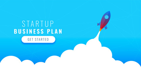 startup business plan concept design with flying rocket