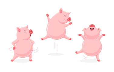 Set of funny cute cartoon pig dancing. Character design. Vector illustration isolated on white background.
