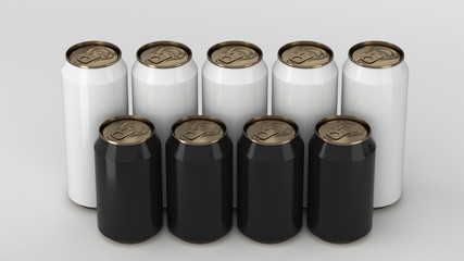  Black and white soda cans standing in two raws on white background