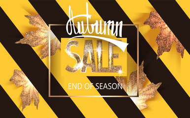 Autumn sale announcement banner with gold maple leaves and striped background. Vector illustration