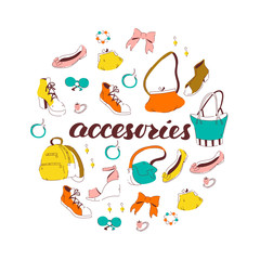 Set of Women's Hand Drawn Accessories. Vector Illustration Isolated on White Background.