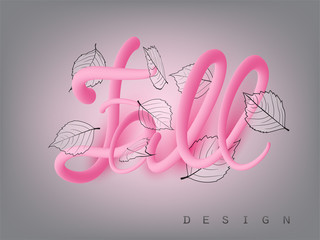 Fall design  banner with  falling leaves and volume pink letters. Vector illustration